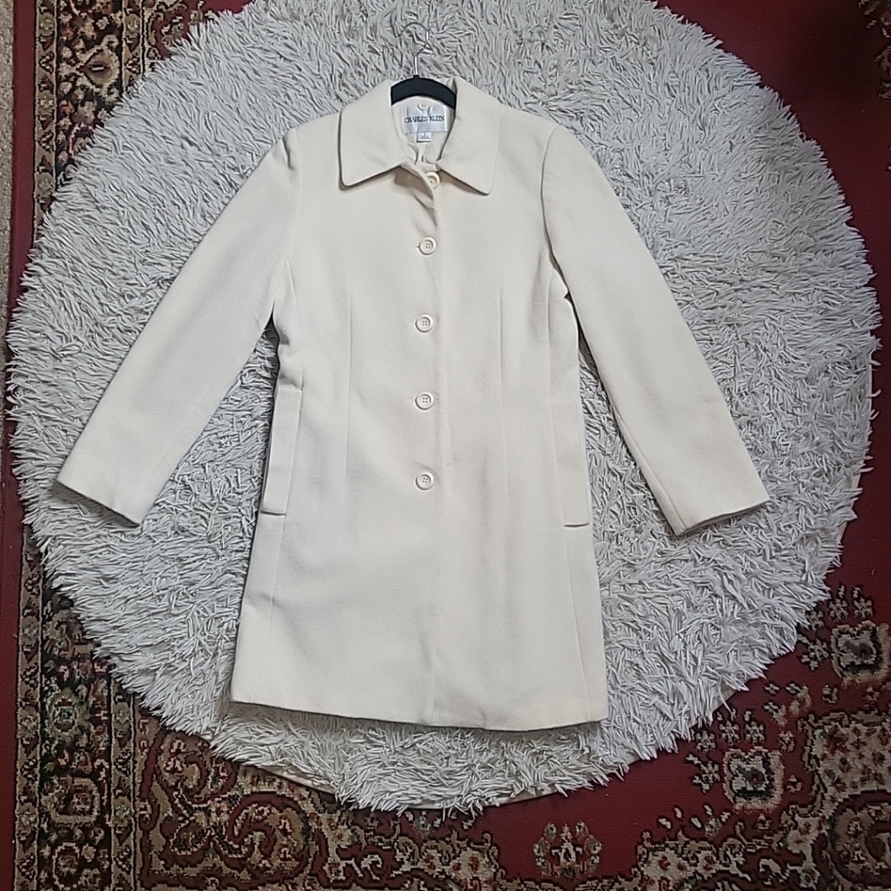 Vintage Charles Klein Pea Coat Dress Coat Cream Off White Ivory Wool Blend 2